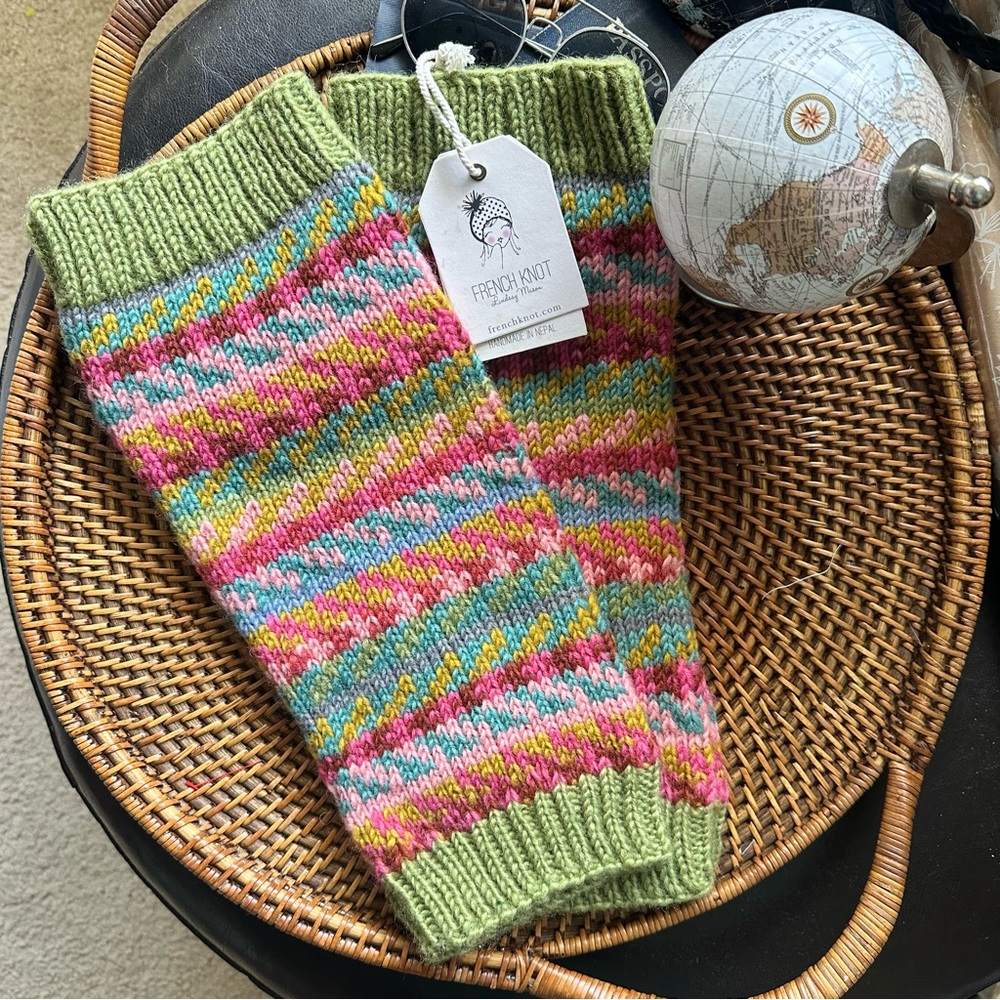 French Knot Wool Rainbow Knit Fair Isle Multicolor Boho Leg Warmers New Tags